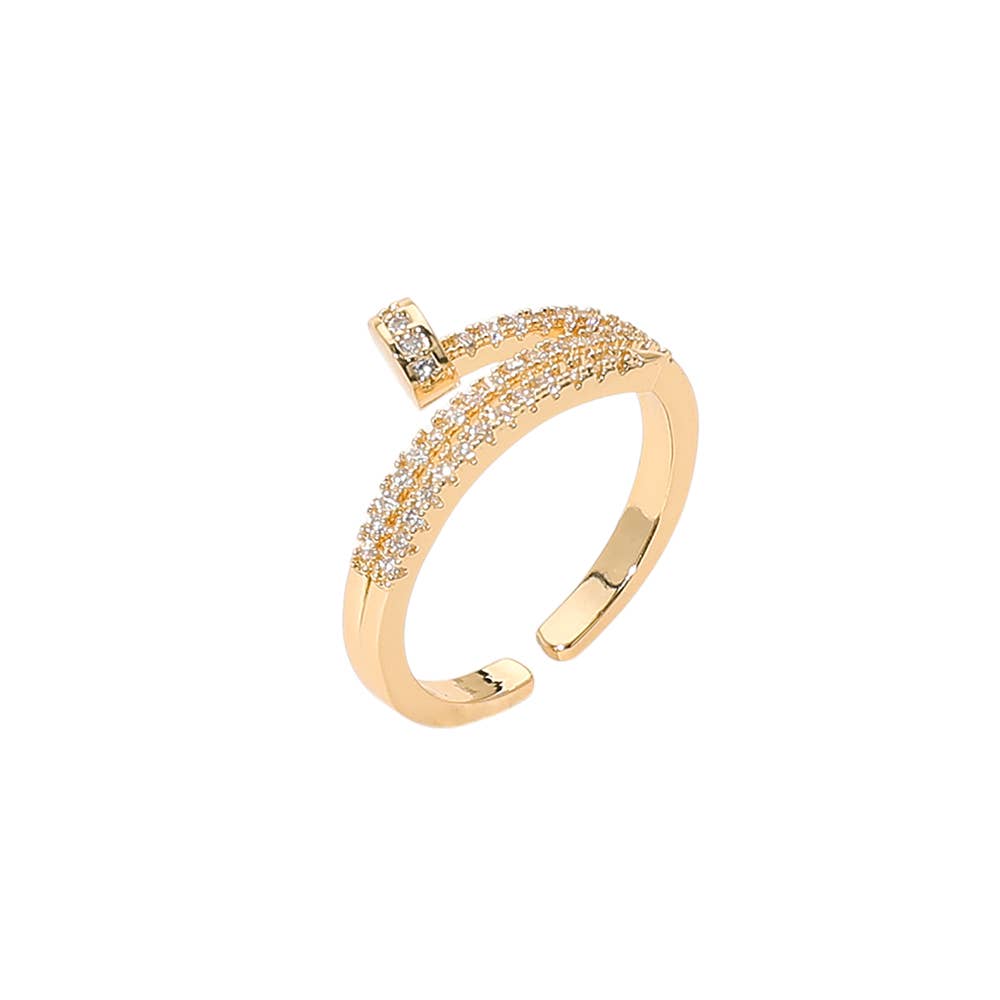 Stone Paved Nail Adjustable Ring: Clear,Rhodium