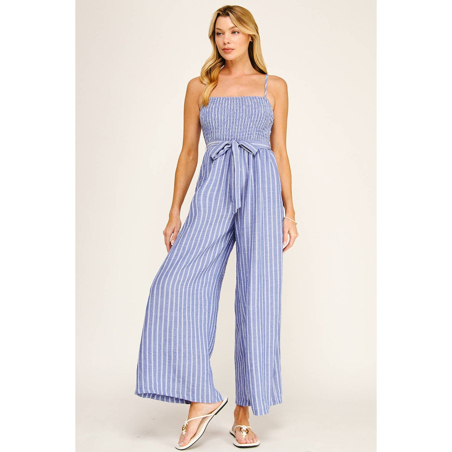 COASTAL STRIPE SMOCKED WIDE LEG JUMPSUIT