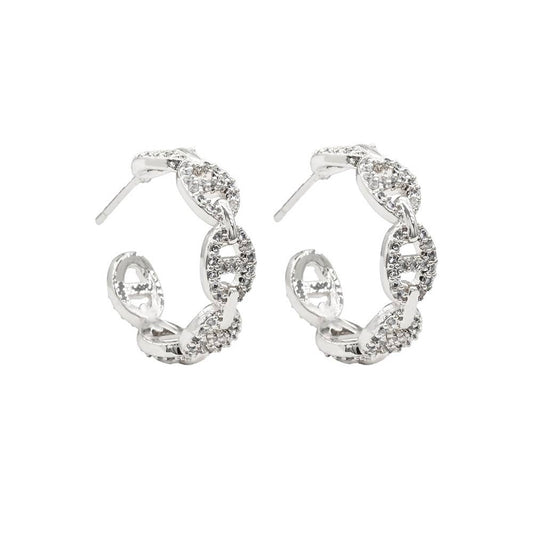 Gold Dipped CZ Stone Paved Mariner Link Hoop Earrings: Rhodium