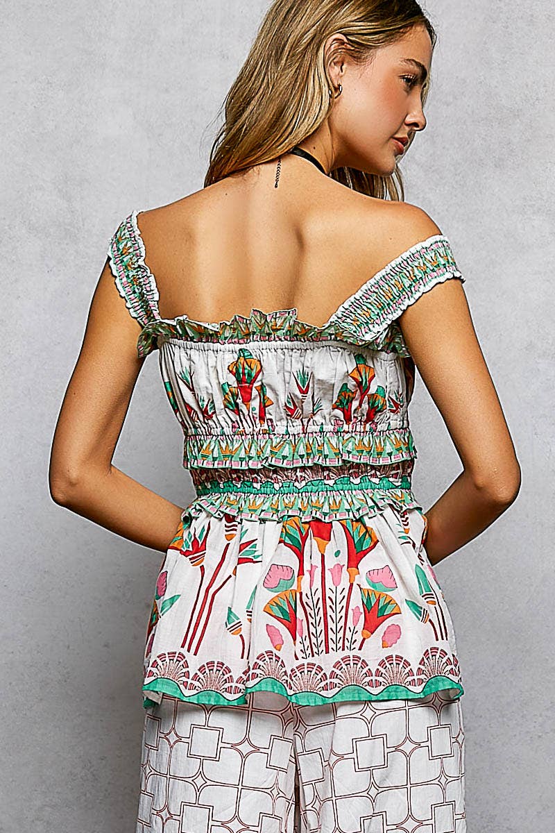 Square Neck Sleeveless Printed Ruffle Dress Woven Top