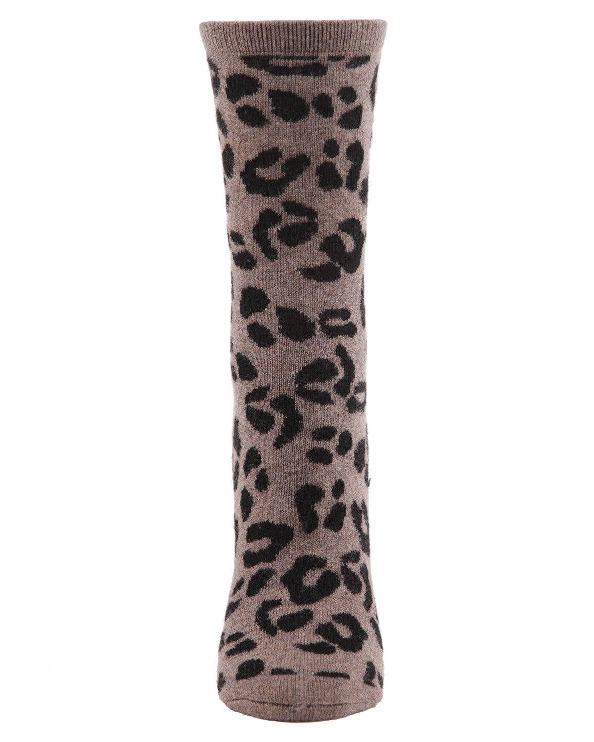 MeMoi Leopard Animal Print Cashmere Blend Crew Socks: Hemp Heather / 9-11