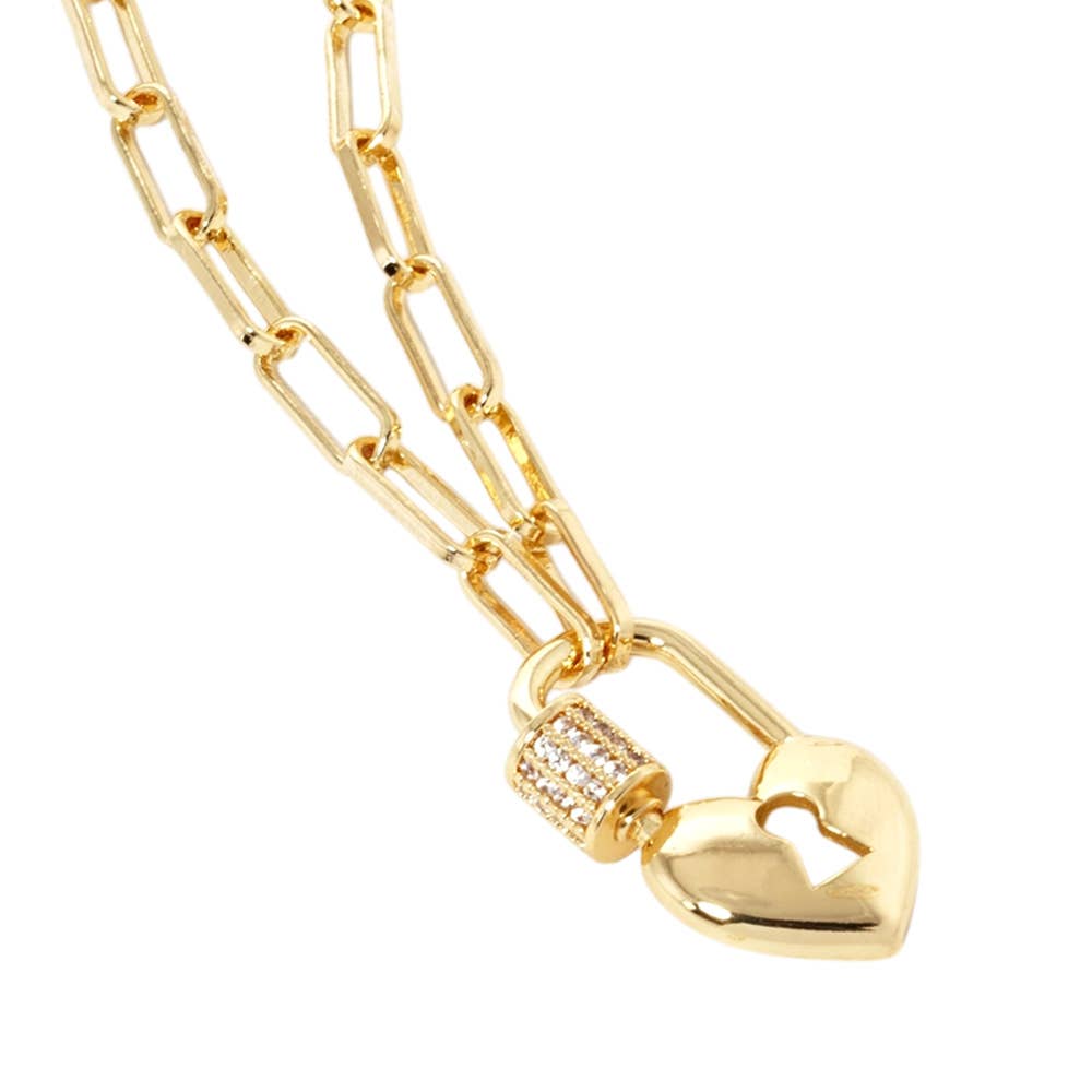 J17. Gold Dipped CZ Paved Heart Pendant Paperclip Chain Necklace