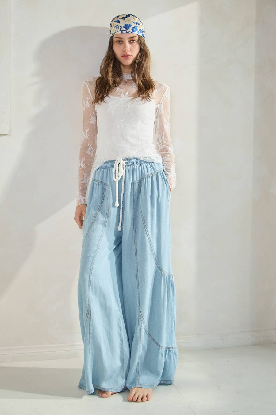 Chambray Denim Wide Palazzo Pants: Washed Dark Chambray / S