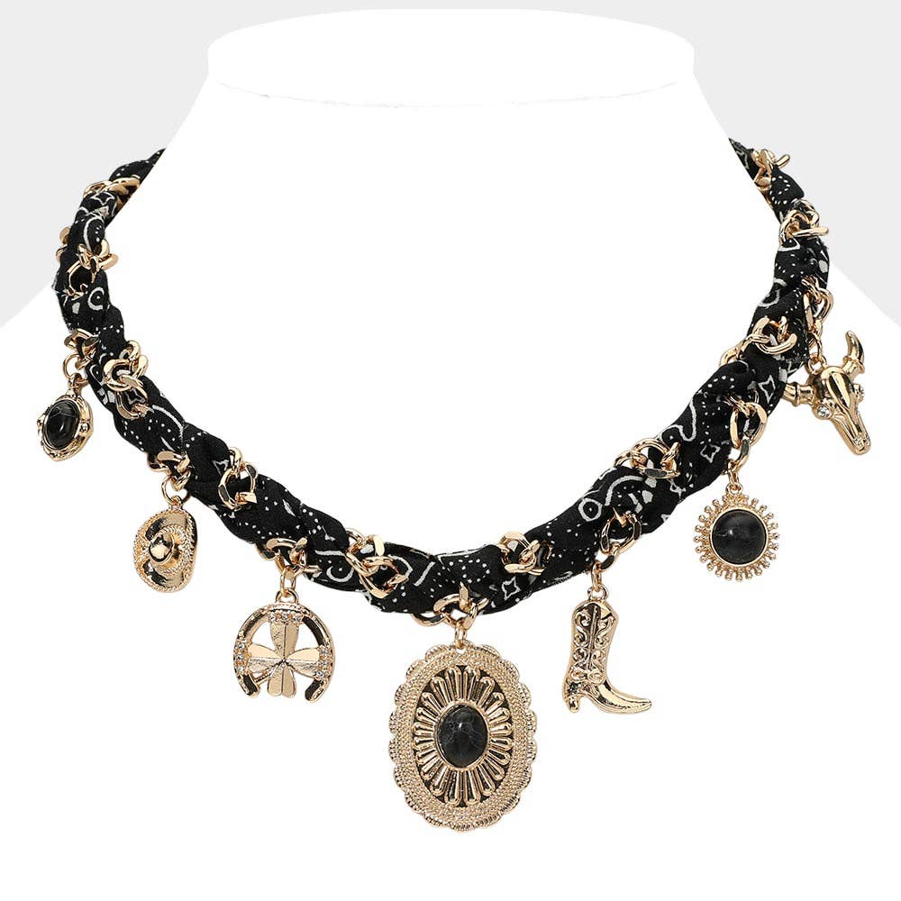 Western Themed Charm Fabric Braided Necklace: Beige,Gold