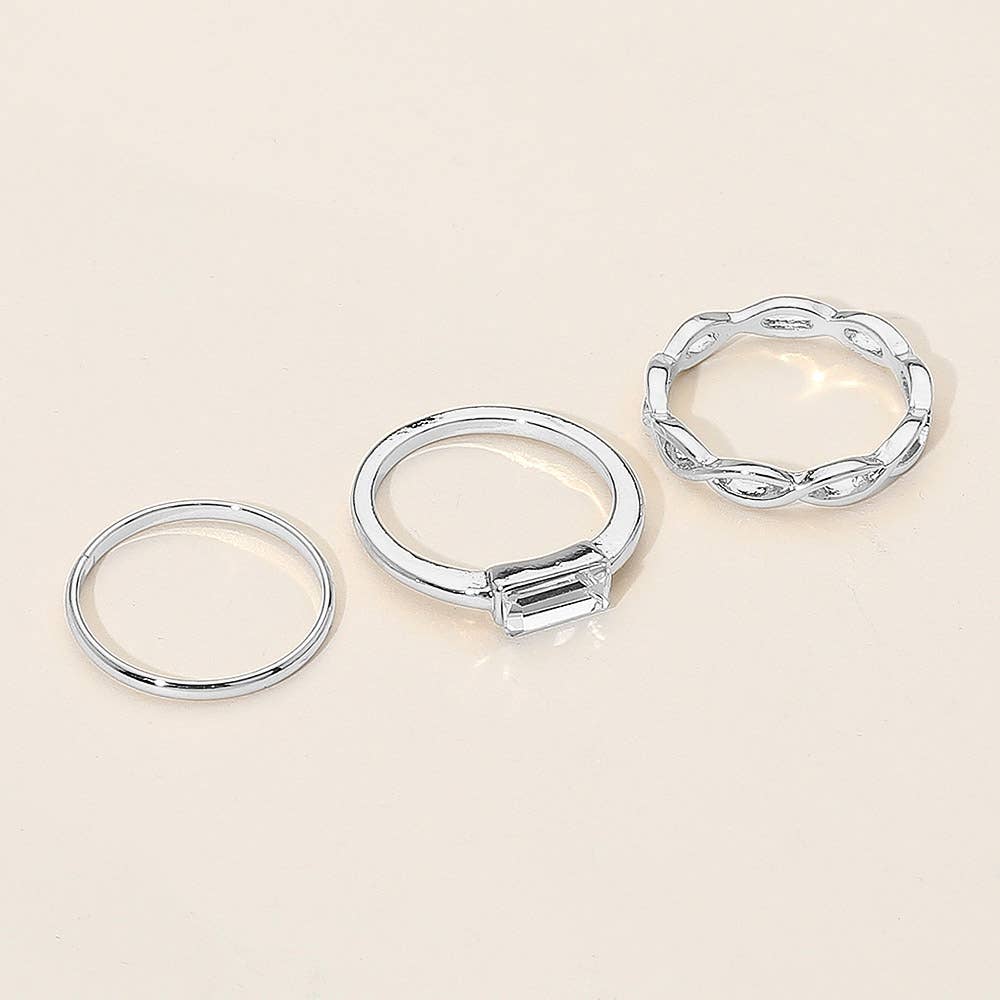 SECRET BOX_3PCS Genuine Gold Dipped Baguette Stone Accent Stackable Fashion Ring Set: Silver
