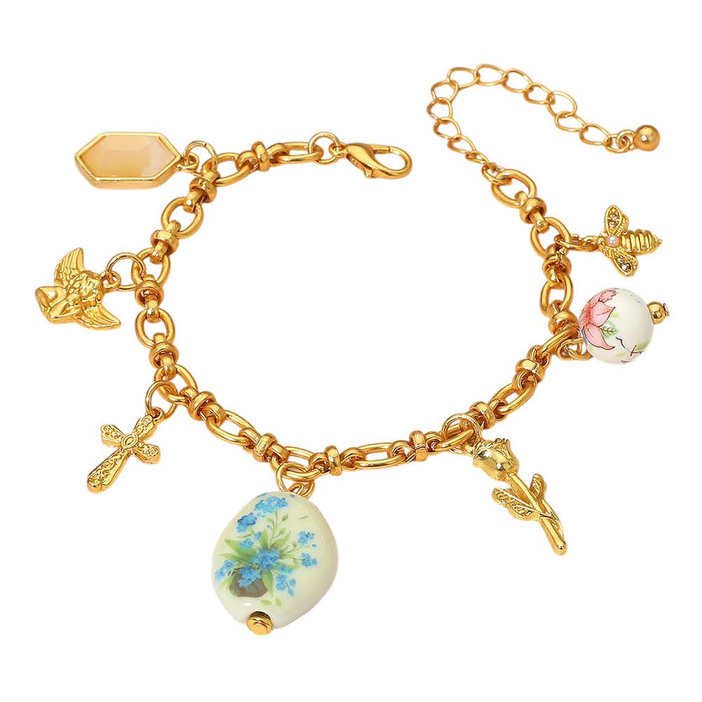 Vintage Floral Ceramic Charm Metal Angel Flower Stem Honey Bee Charm Station Bracelet: Green,Matte Silver