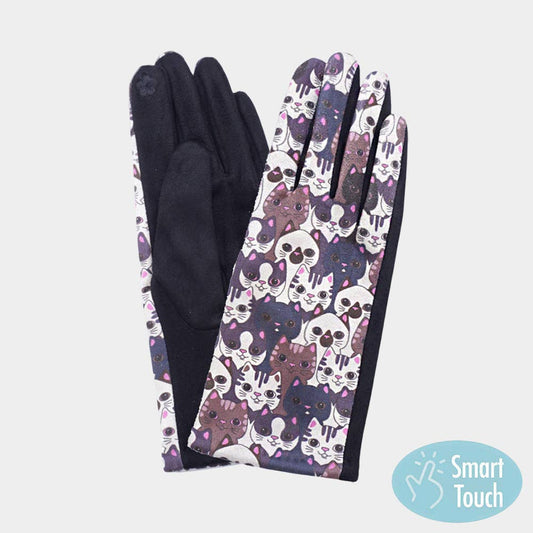Cute Cat Face Printed Smart Touch Gloves: Black