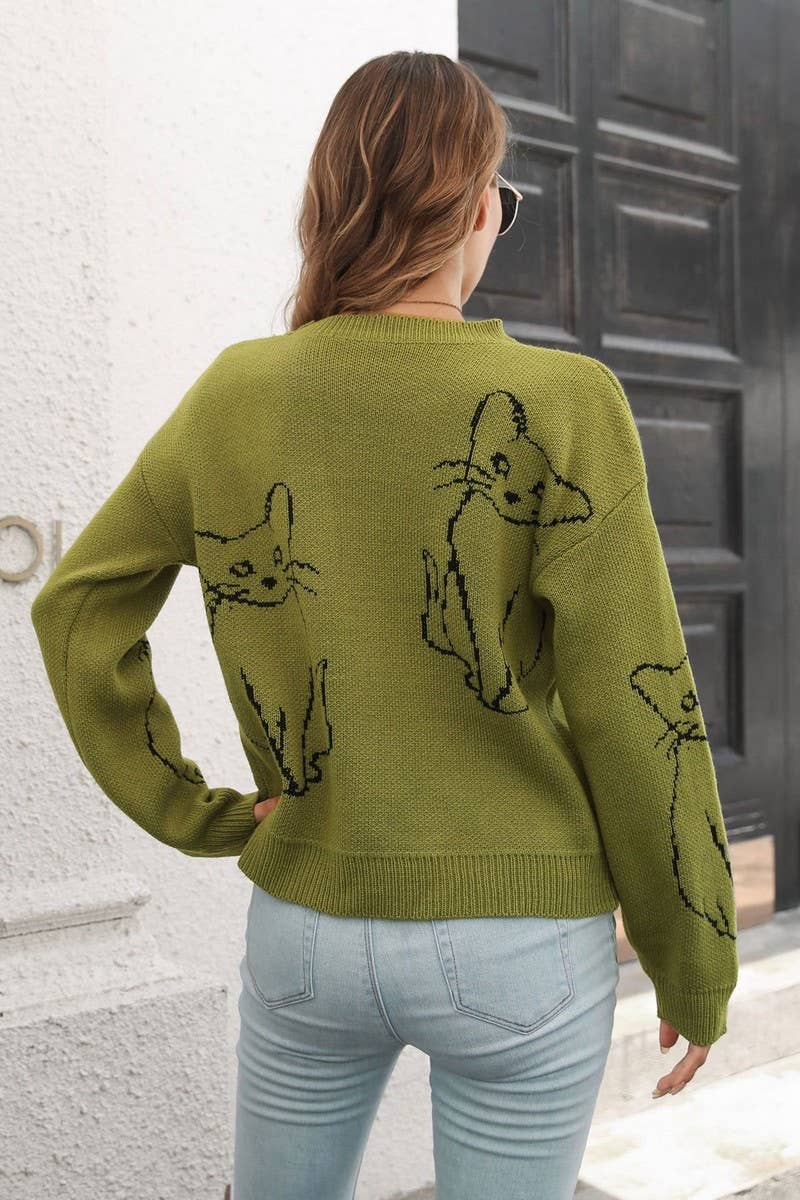 CWOSWL3840_CAT JACQUARD LONG-SLEEVED PULLOVER SWEATER