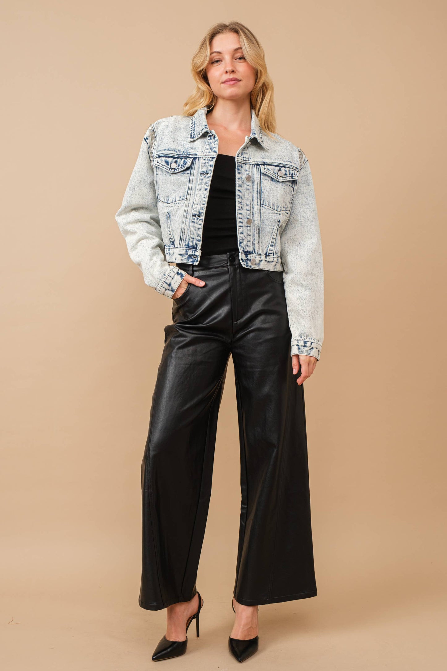 80037J - Acid Washed Shoulder Beading Denim Jacket