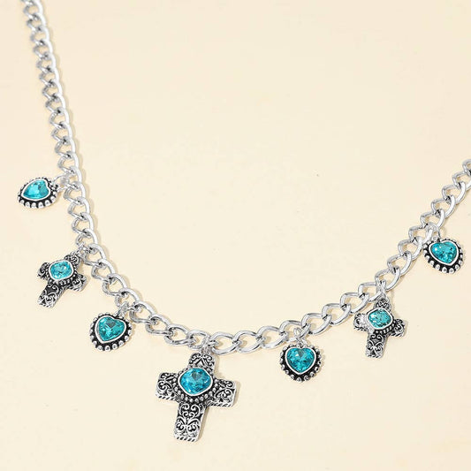 Vintage Stone Accent Cross Heart Charm Station Necklace: Antique Silver,Aqua