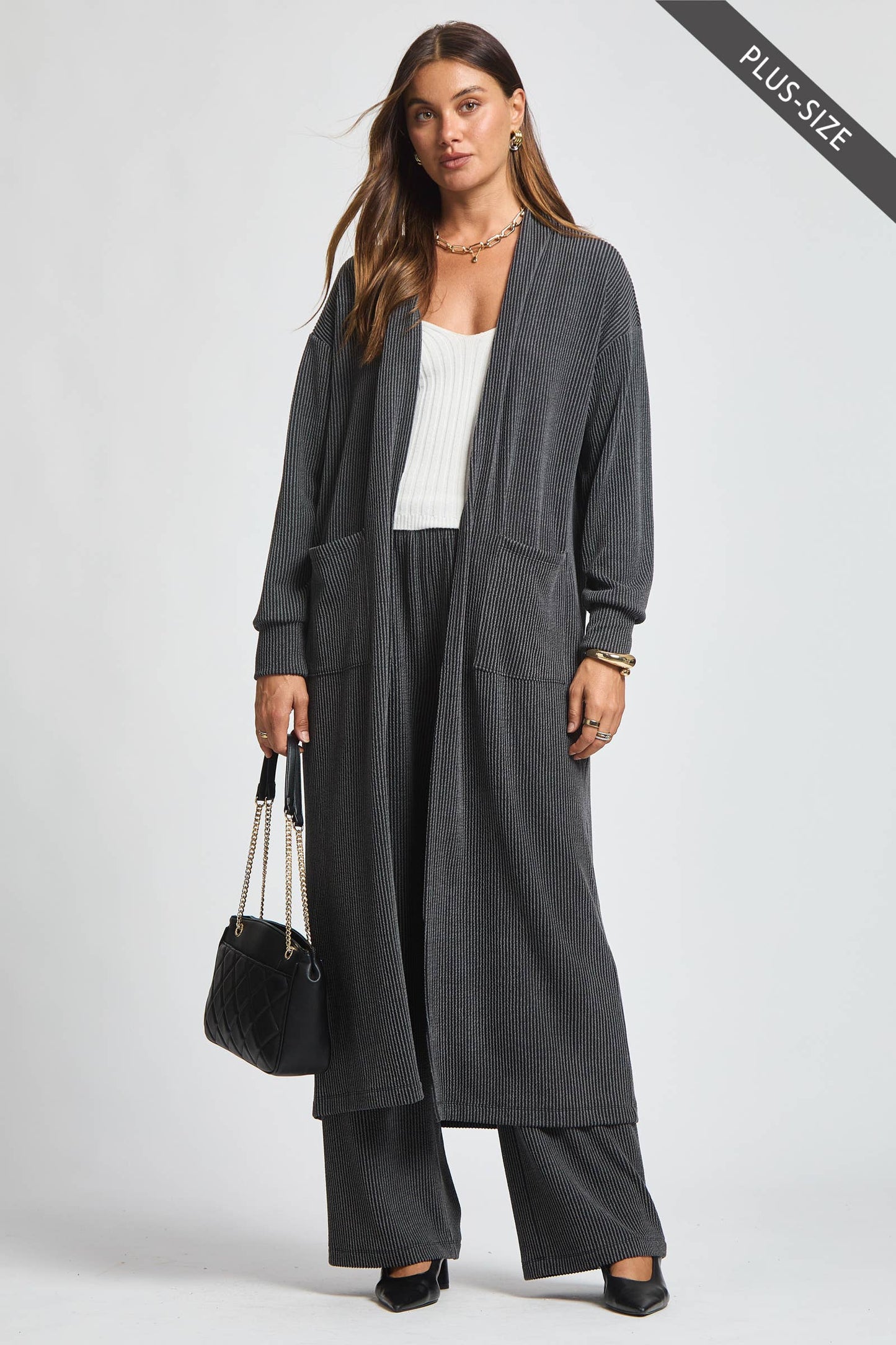 PLUS SIZE Longline Cardigan + Relaxed Pants 2 Piece Set: RED / XL