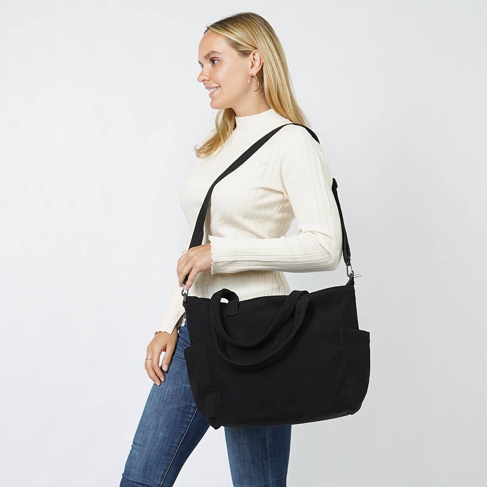Multi Pocket Corduroy Tote Bag: Black