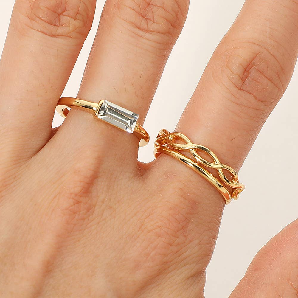 SECRET BOX_3PCS Genuine Gold Dipped Baguette Stone Accent Stackable Fashion Ring Set: Silver