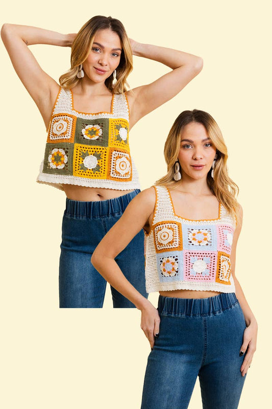 Summer Floral Mosaic Embroidered Crochet Top
