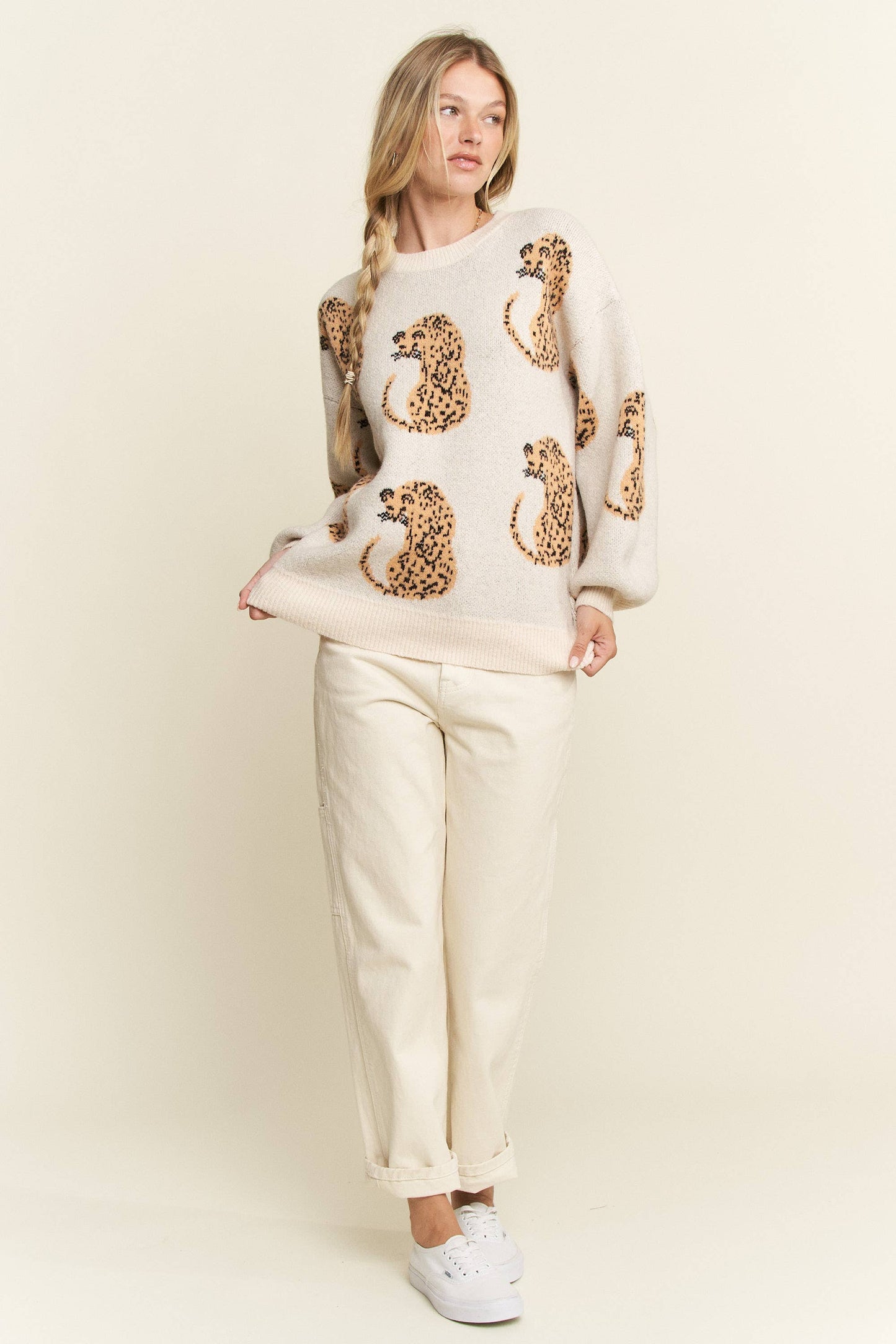 CHEETAH CONTRAST TRIM LONG SLEEVE SWEATER