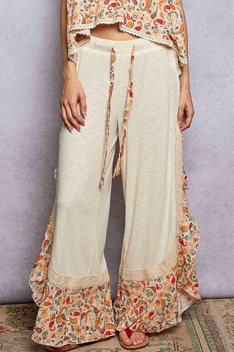 Floral Pattern Ruffle Detail Ribbed Knit Pants