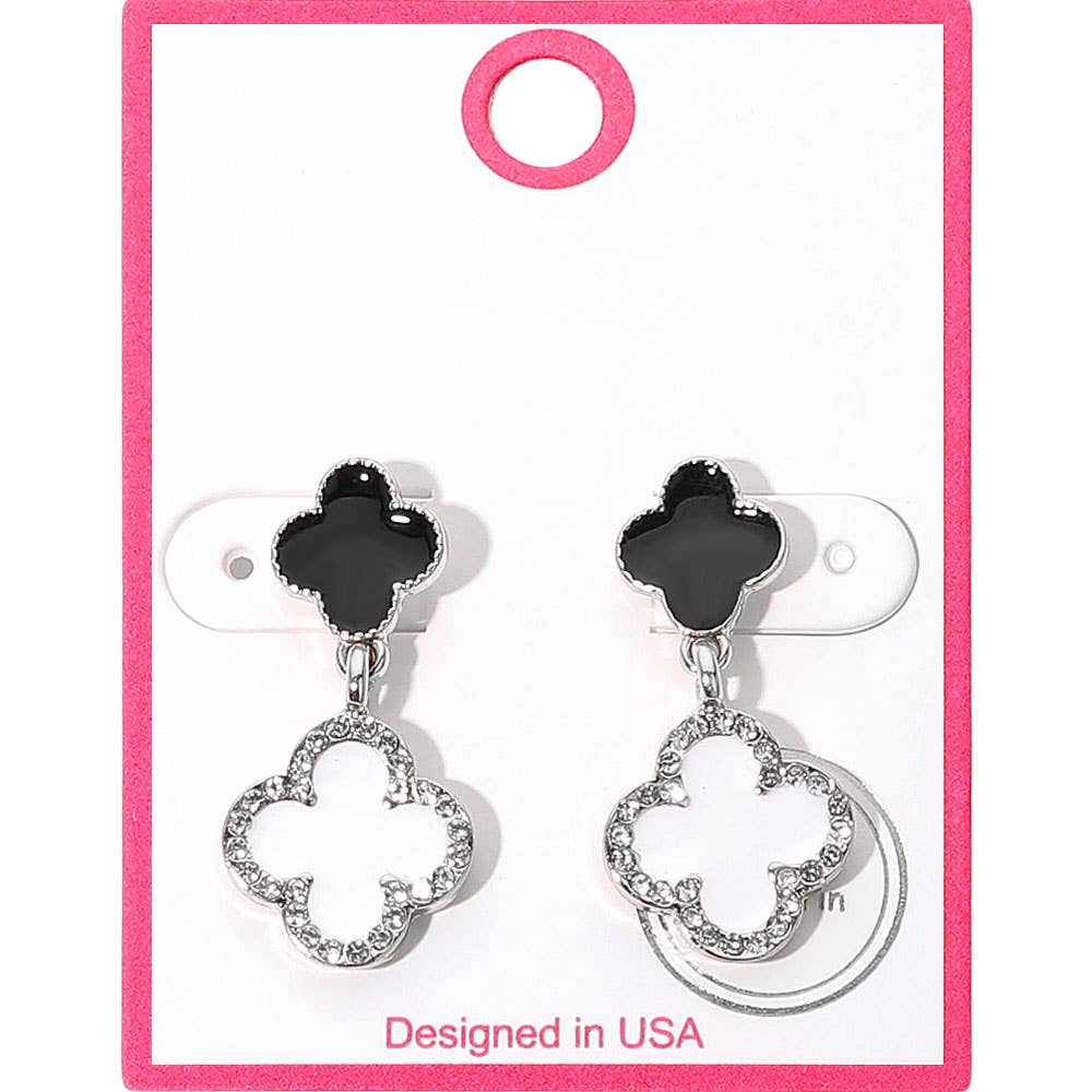 Rhinestone Accented Quatrefoil Drop Earrings: Black,Rhodium,White