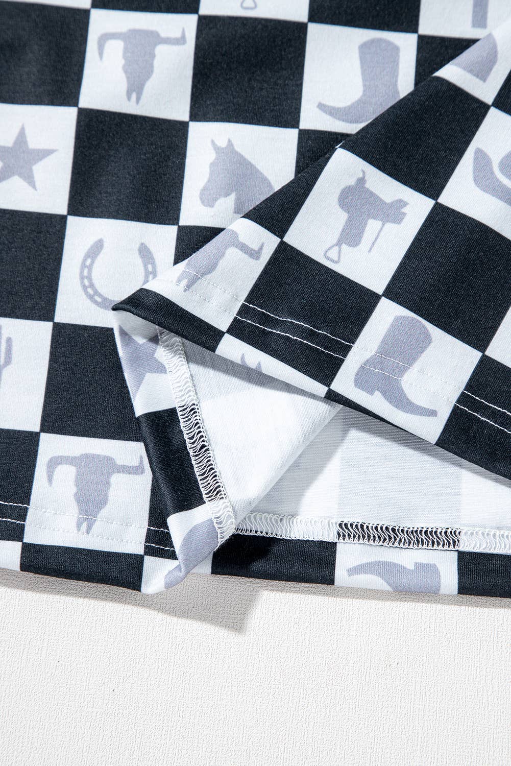 Western Fashion Checkerboard Print Side Split T Shirt