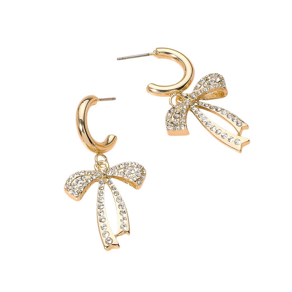 Stone Paved Metal Bow Dangle Mini Hoop Earrings: Silver