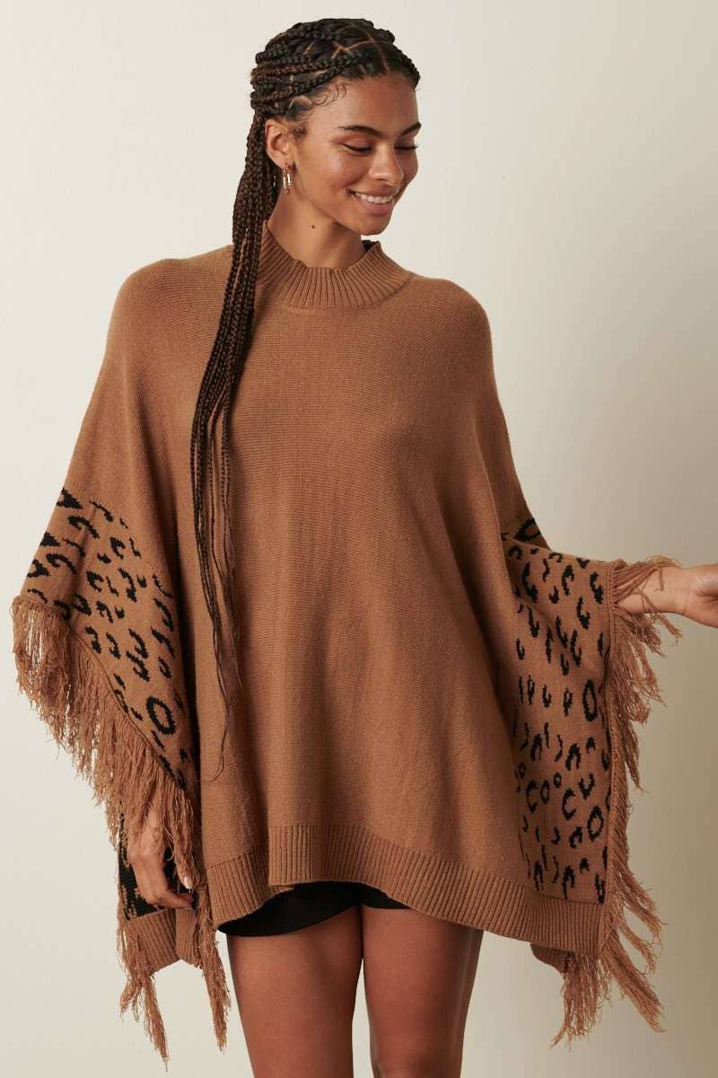 ANIMAL PRINT DETAIL TASSEL OVERSIZED PONCHO