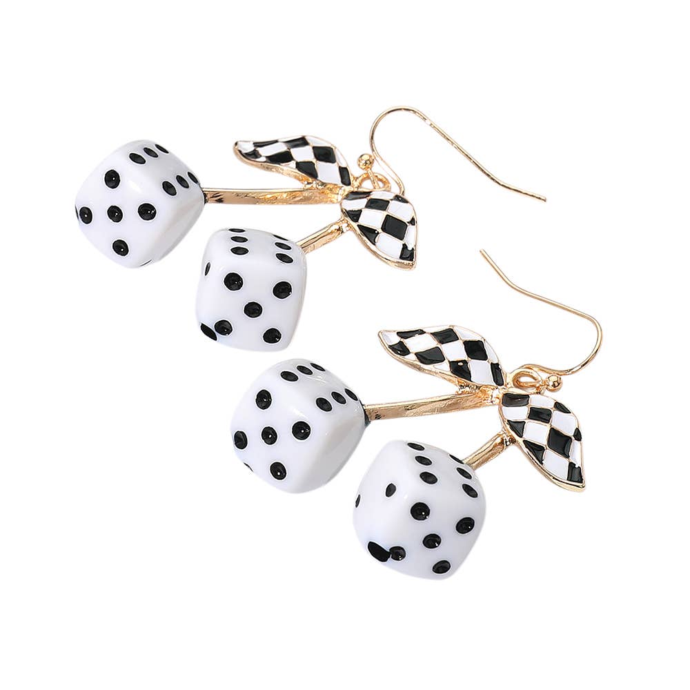 Enamel Retro Checkered Leaf Cherry Dice Dangle Earrings: Gold,Turquoise