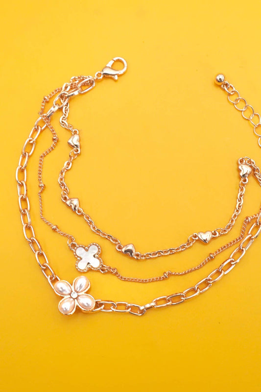CHARM BRACELET-MULTILAYER FLORAL PEARL CROSS | 80B1352: GOLD