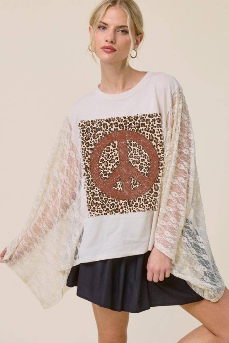 Leopard Peace Vintage Graphic Lace Wing Oversized Top