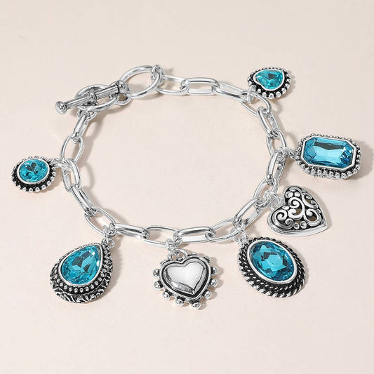 Teardrop Oval Round Stone Metal Heart Charm Station Bracelet