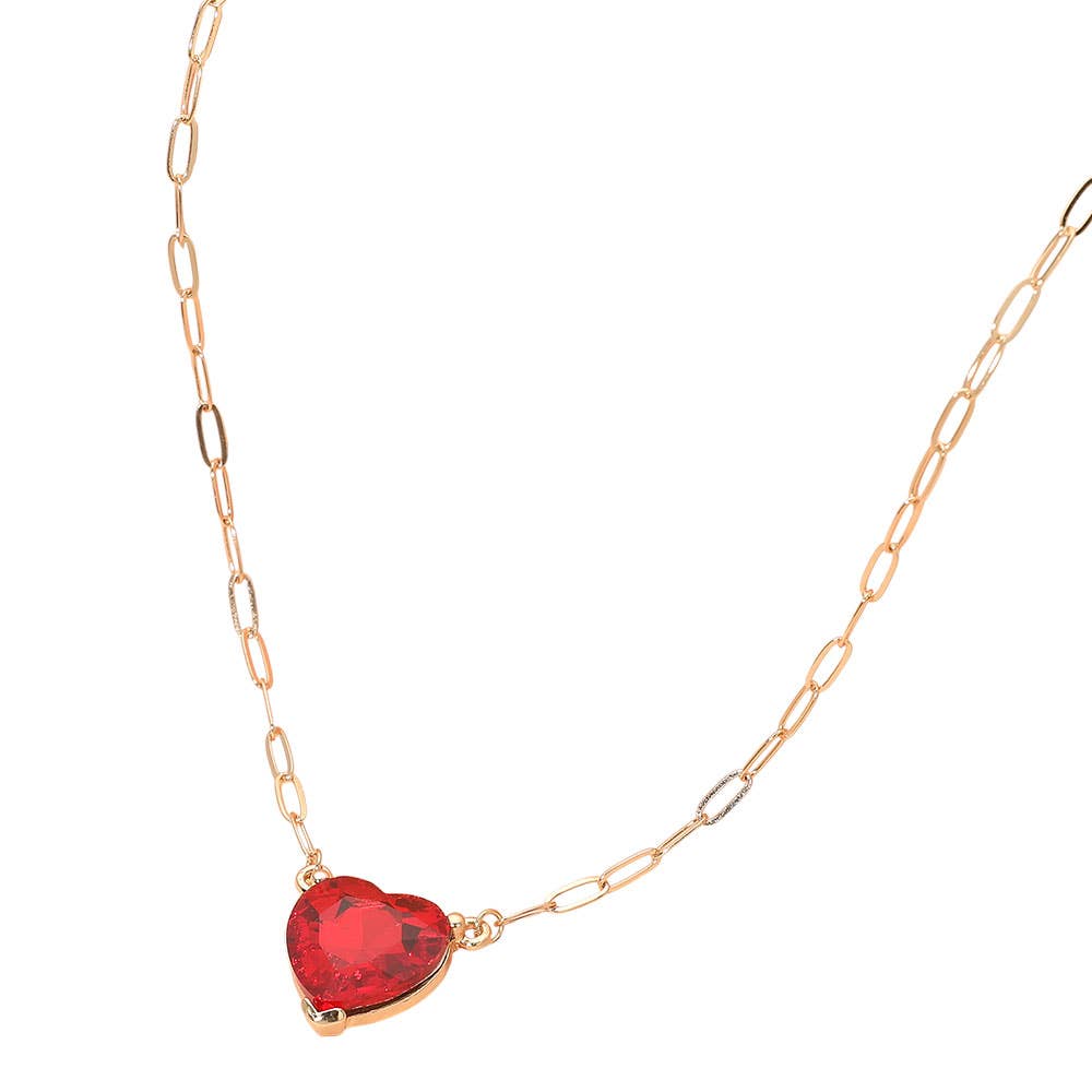 J38. Heart Stone Pendant Paperclip Chain Necklace