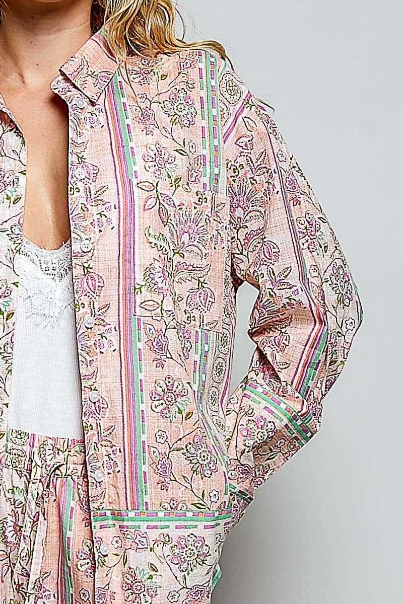 Vintage Floral Block Print Button-Down Shirt
