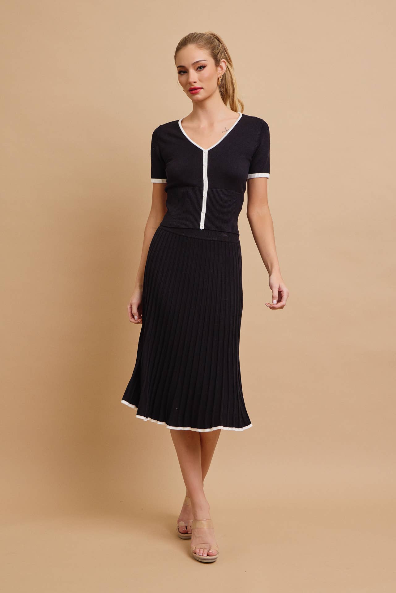 2A. Evadne Short Sleeve Top With Flare Skirt Set