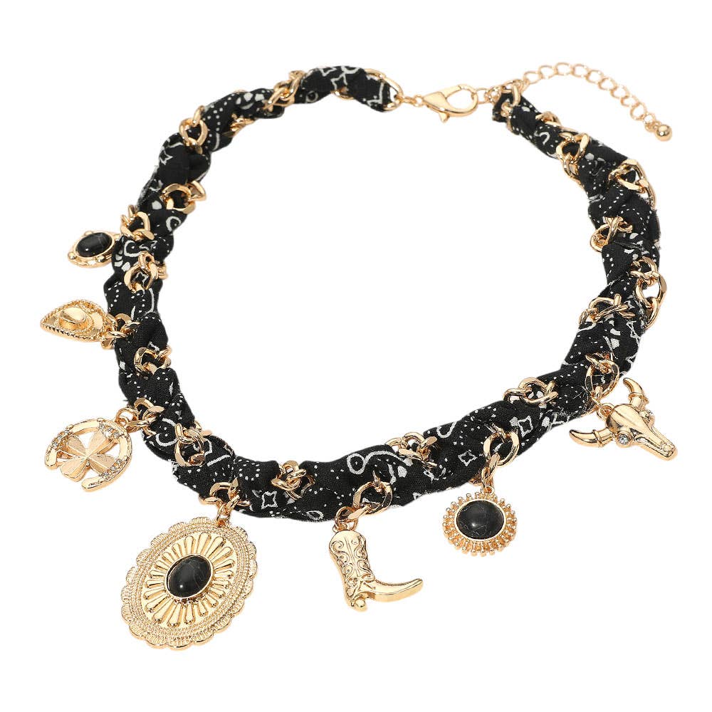 Western Themed Charm Fabric Braided Necklace: Beige,Gold