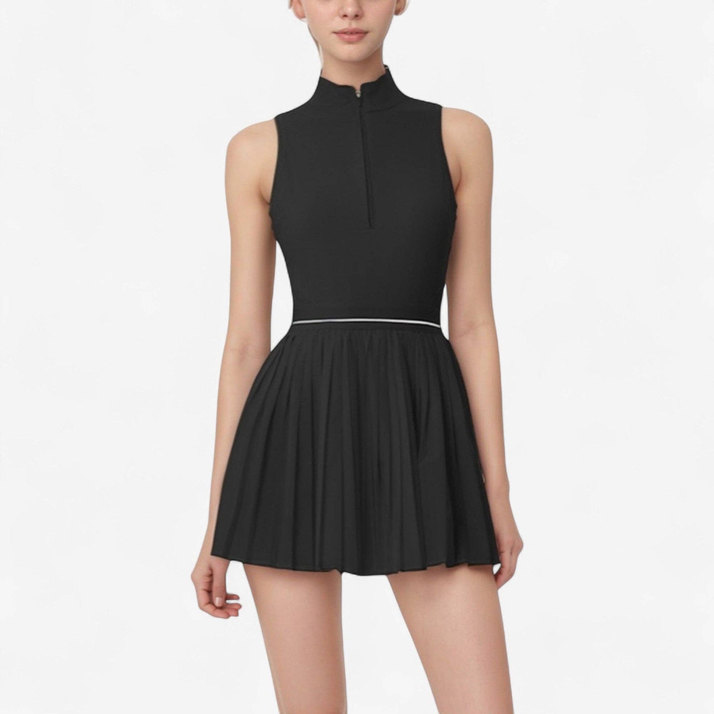 Sleeveless Zip Front High Neck Tennis Dress with Pleated Ski