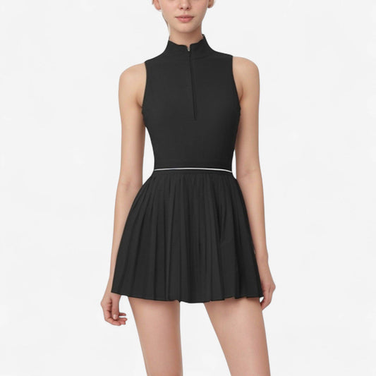 Sleeveless Zip Front High Neck Tennis Dress with Pleated Ski
