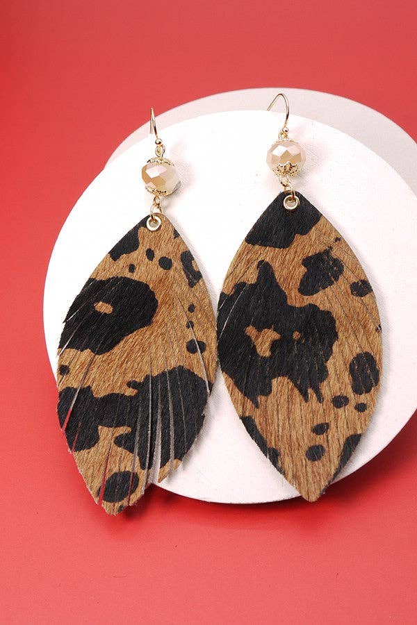 J53. FAUX LEATHER ANIMAL PRINT LEAF EARRING