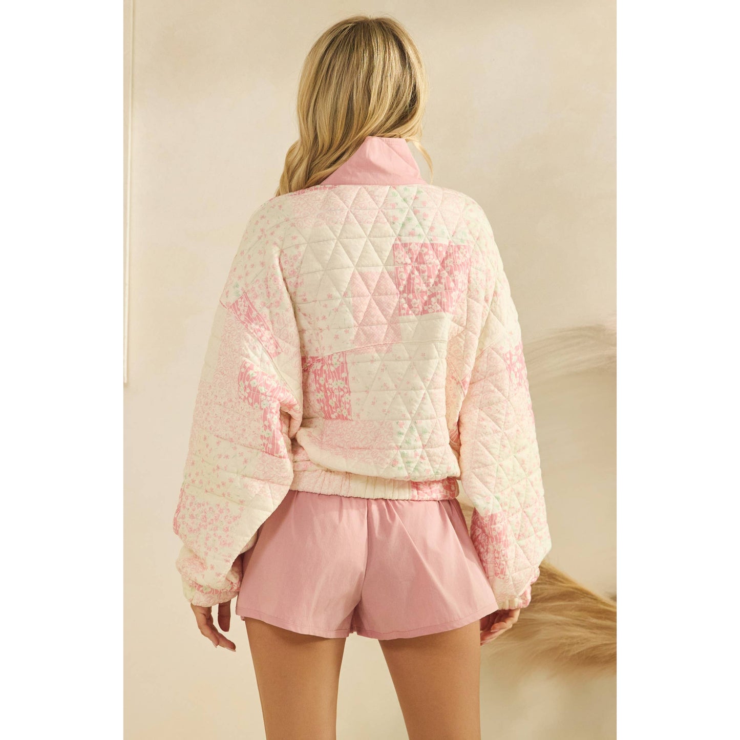 Textured Contrast printed Quarterzip Sweater: Pink Combo / S