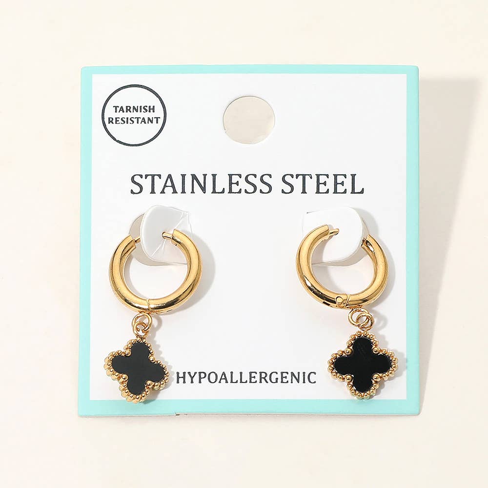 J11. Stainless Steel Quatrefoil Charm Drop Dangle Huggie Hoop Earrings