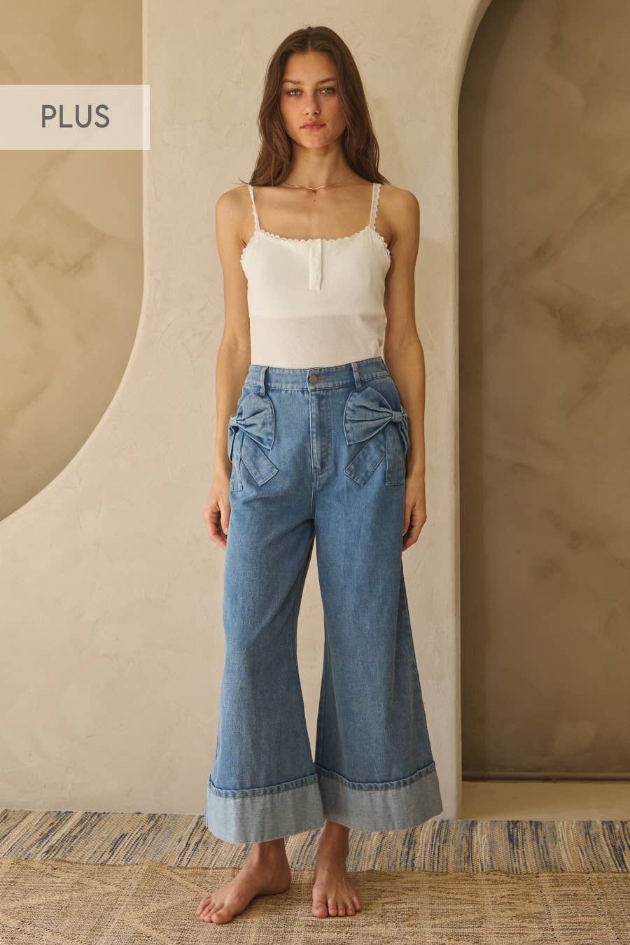 Plus Washed Denim Wide Leg Pants: Washed Denim / XL