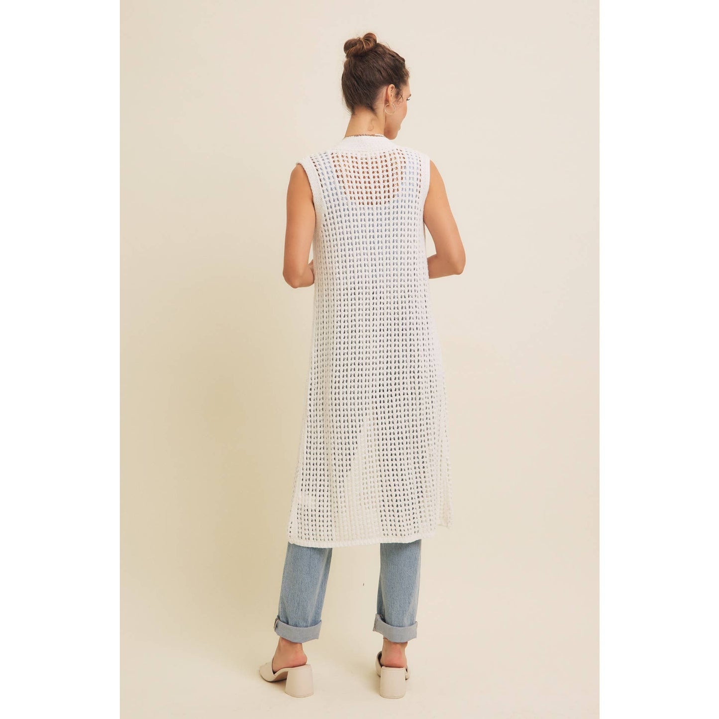 BUTTON-DOWN OPEN KNIT SLEEVELESS MIDI SWEATER CARDIGAN