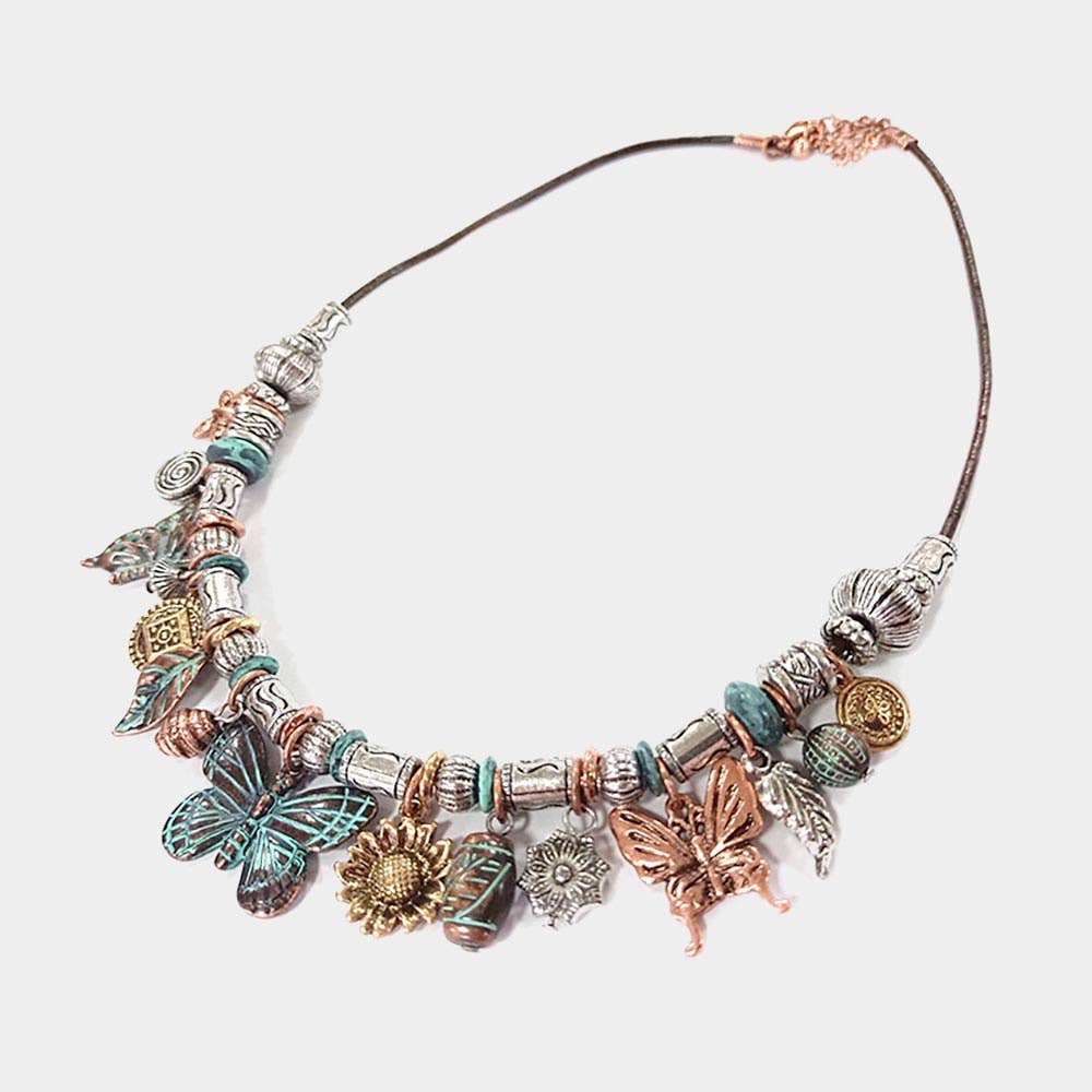 Metal Leaf Butterfly Leaf Sunflower Pendant Cluster Necklace: Three Tone