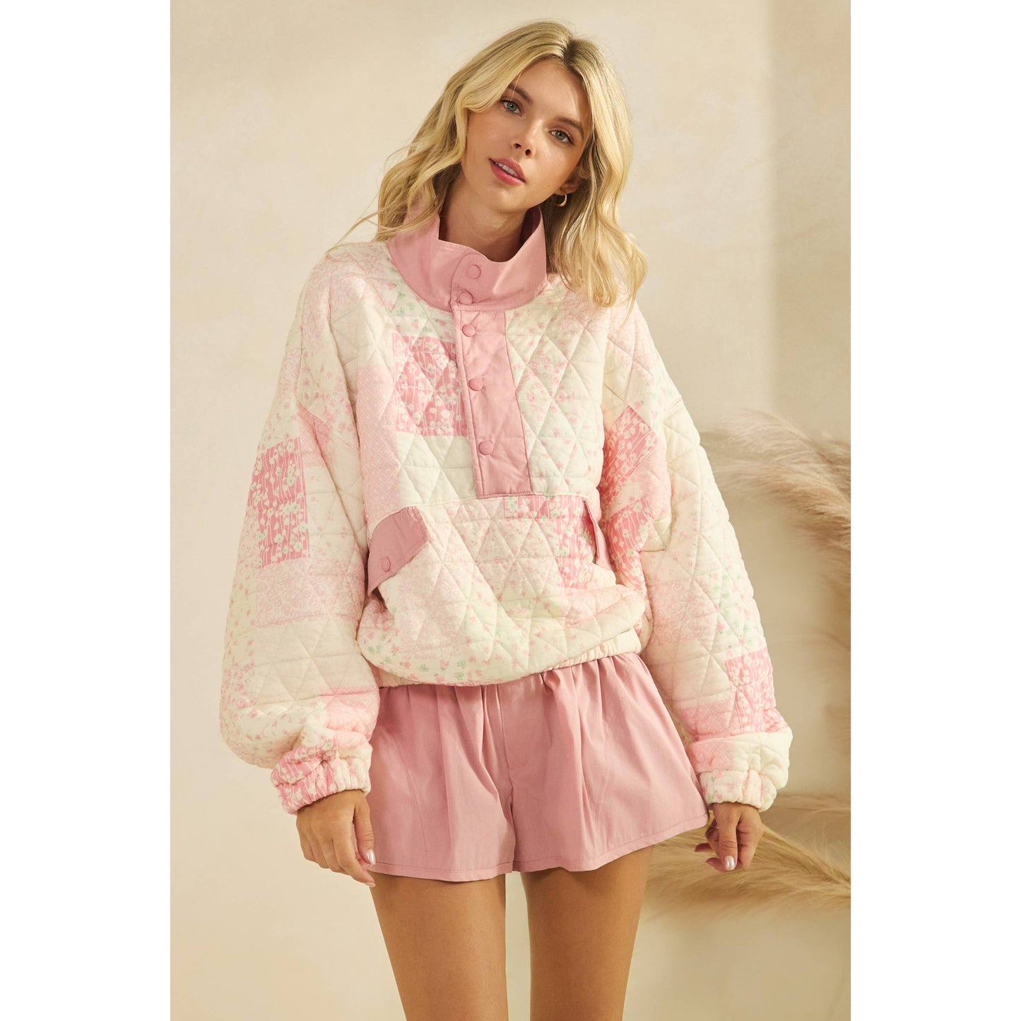 Textured Contrast printed Quarterzip Sweater: Pink Combo / S