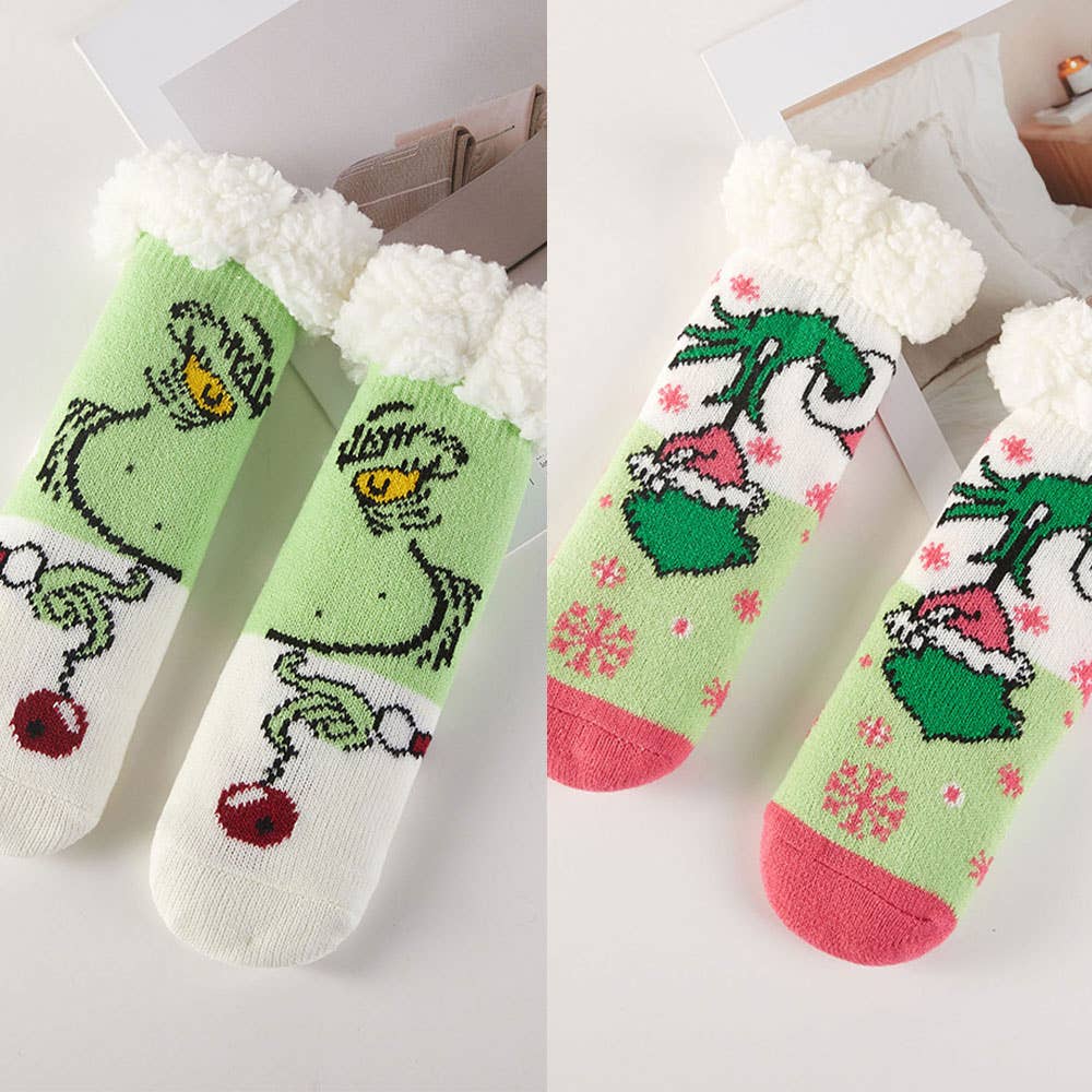 6Pairs - Kids Holiday Grinch Fuzzy Winter Socks Set