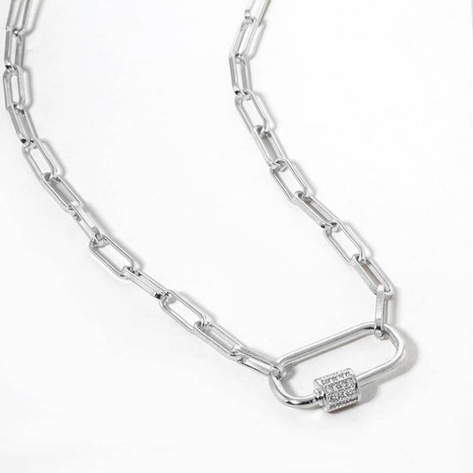 Gold Dipped CZ Carabiner Pendant Paperclip Chain Necklace: Silver