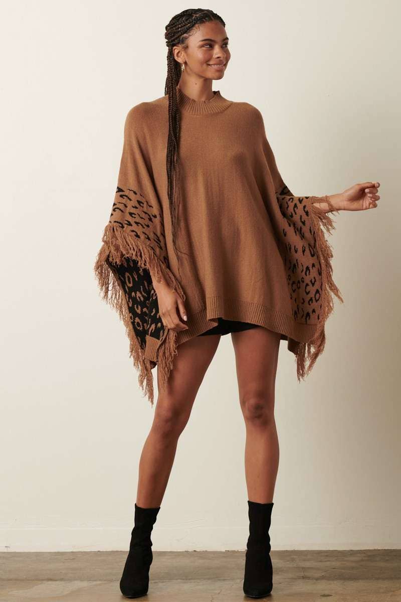 ANIMAL PRINT DETAIL TASSEL OVERSIZED PONCHO