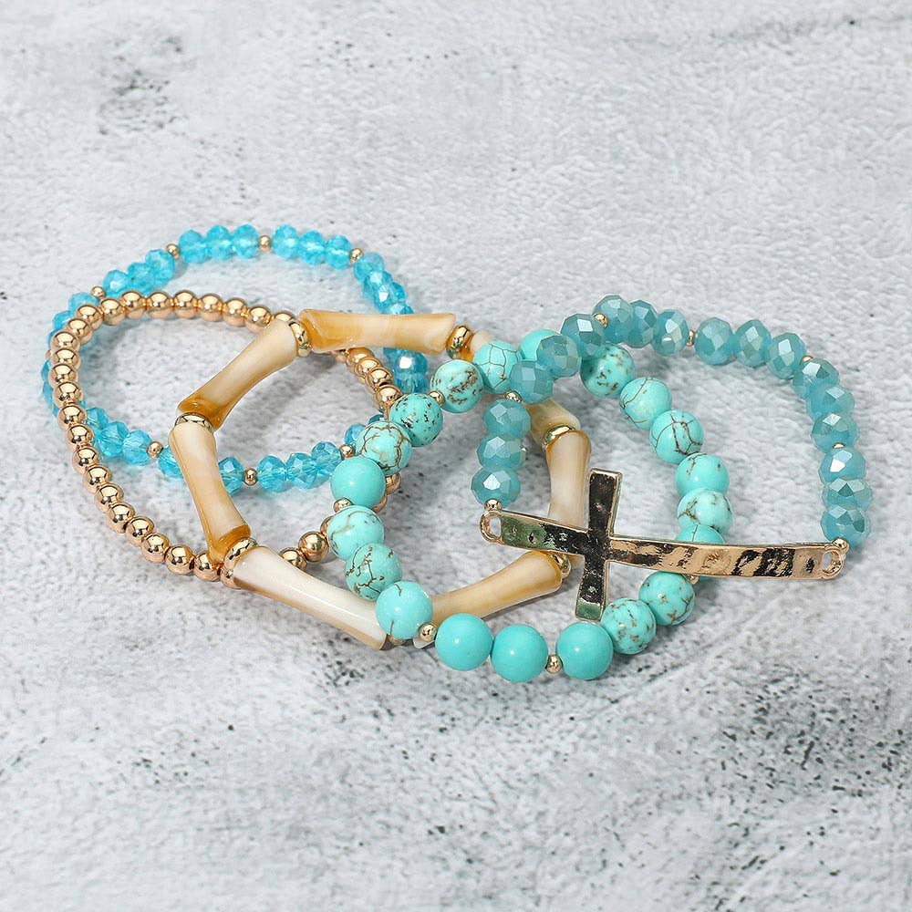 5PCS - Metal Cross Accent Resin Bamboo Bar Faceted Beaded Stretch Multi Layered Bracelets