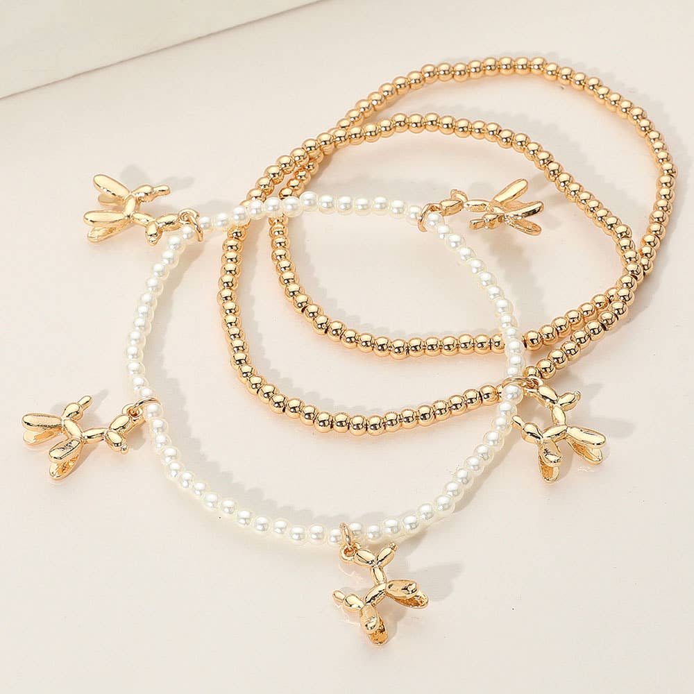 3PCS - Gold Dipped Balloon Dog Charm Metal Ball Pearl Beaded Stretch Multi Layered Bracelets