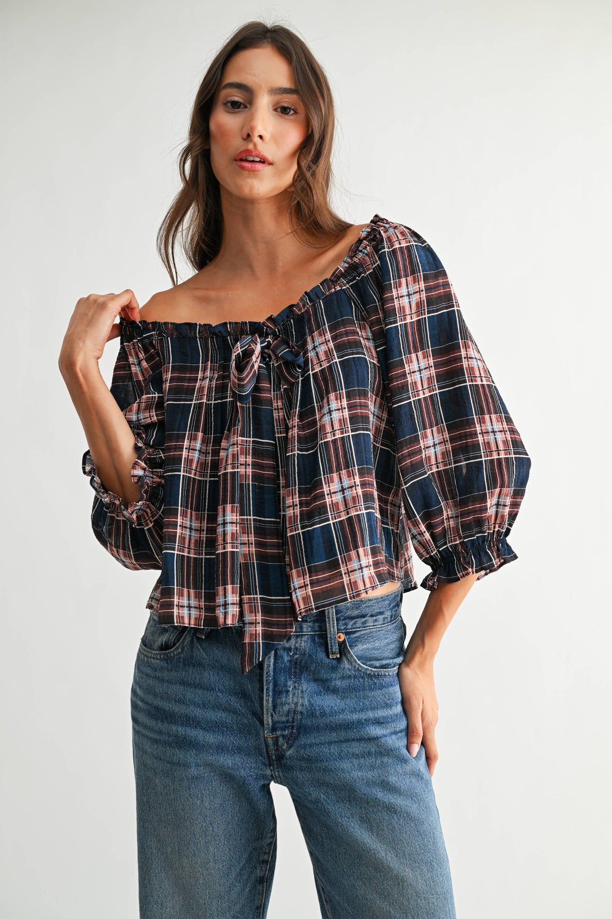 CET26536A Plaid Off-Shoulder Tie Top