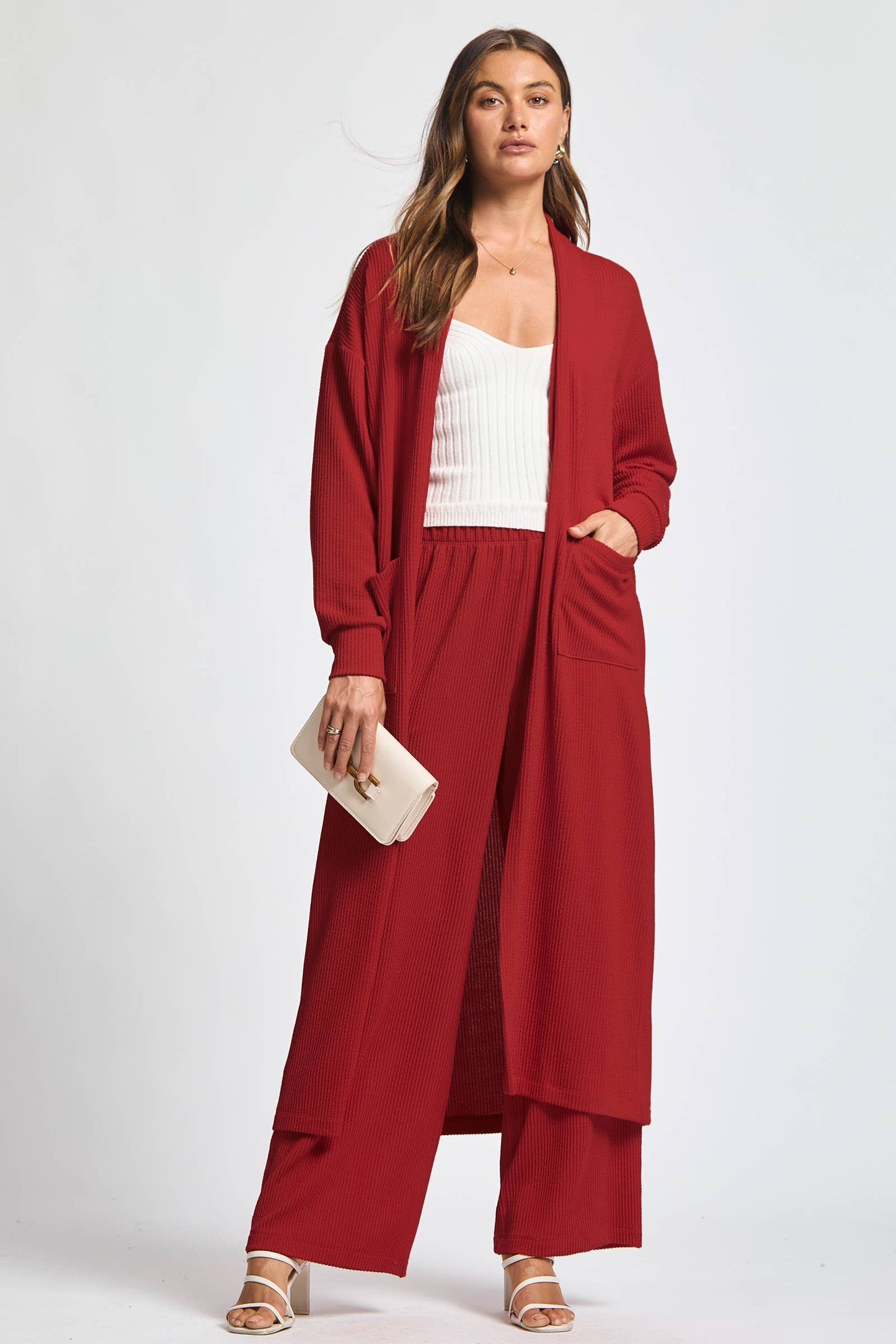 Longline Cardigan + Relaxed Pants 2 Piece: RED / S