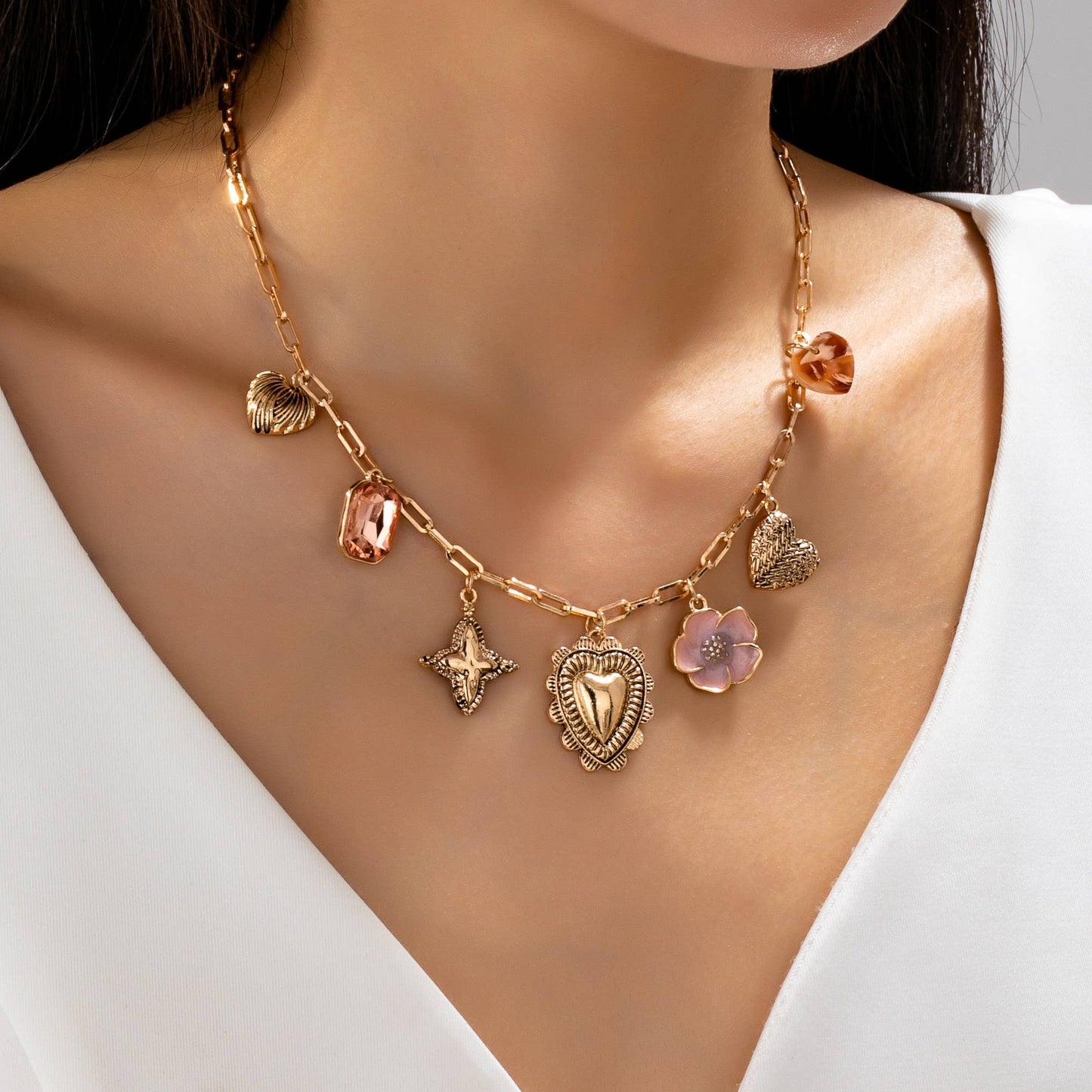 CHARM NECKLACE-HEART FLOWER RHINESTONE CLOVER | 80N92697