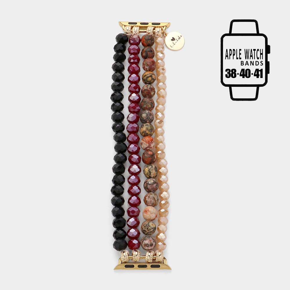 Faceted Beads Natural Stone Beaded Multi Layered Apple Watch Band: Gold,Pink